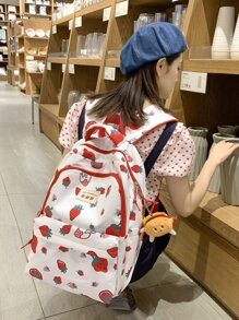 1 Pieza Mochila Escolar De Patrón De Fresa Para Niñas Sin Colgante - Blanco - Ver 2