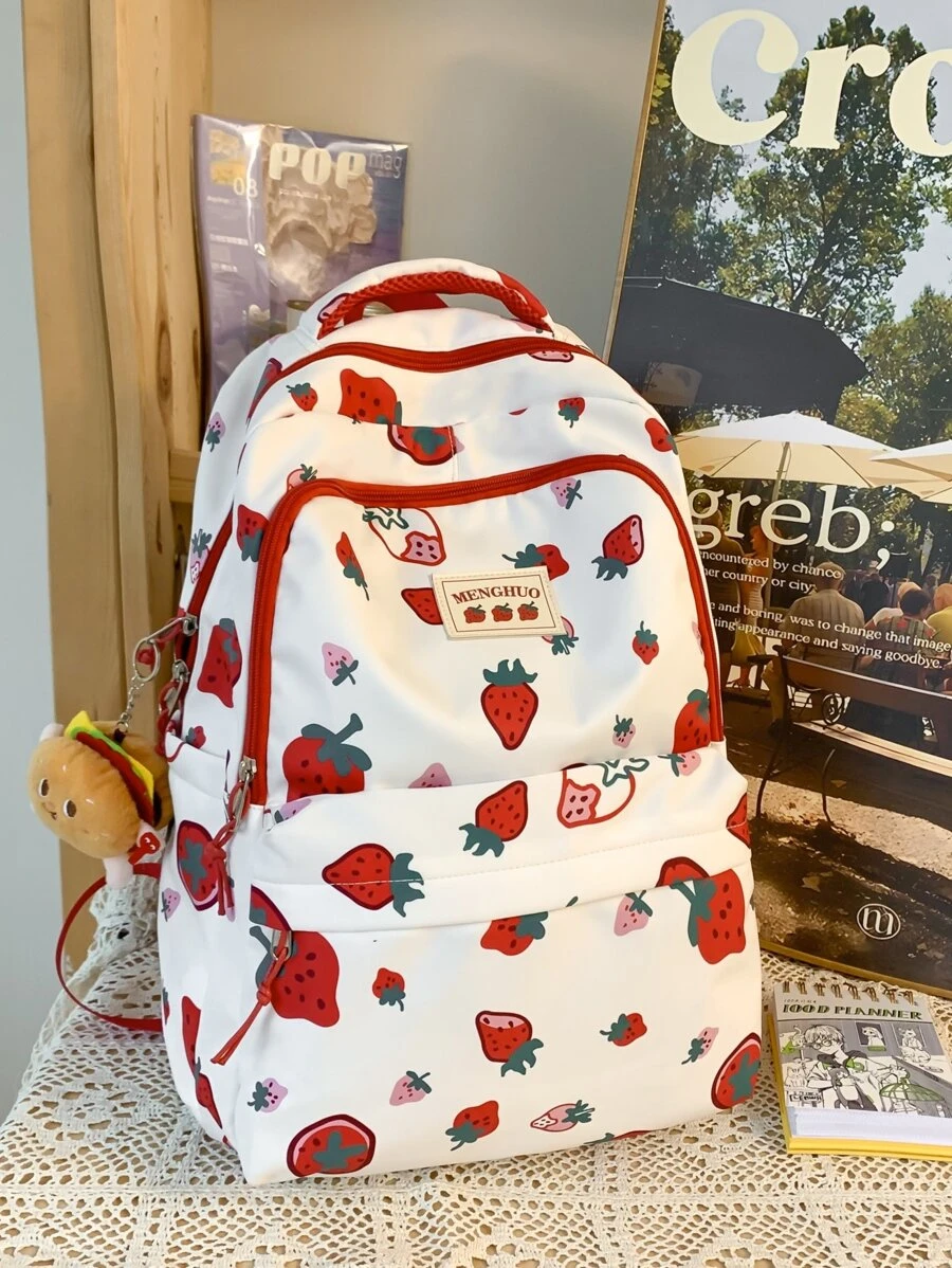 1 Pieza Mochila Escolar De Patrón De Fresa Para Niñas Sin Colgante - Blanco - Ver 1
