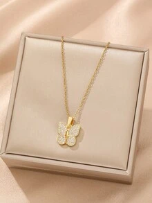 1件装奢华金色蝴蝶可活动项链，简约时尚不锈钢项链，男女皆宜的街头嘻哈休闲百搭项链 - 金黃色 - 查看 1