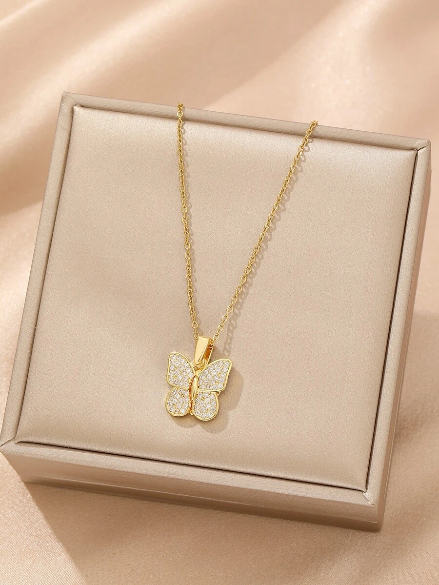 1件装奢华金色蝴蝶可活动项链，简约时尚不锈钢项链，男女皆宜的街头嘻哈休闲百搭项链 - 金黃色 - 查看 1