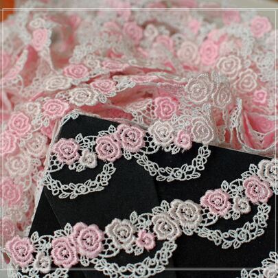 One Size 3d Flower Decor Pink Lace Fabric Trim For Women's Hanfu, Cheongsam, Evening Dress Embellishment