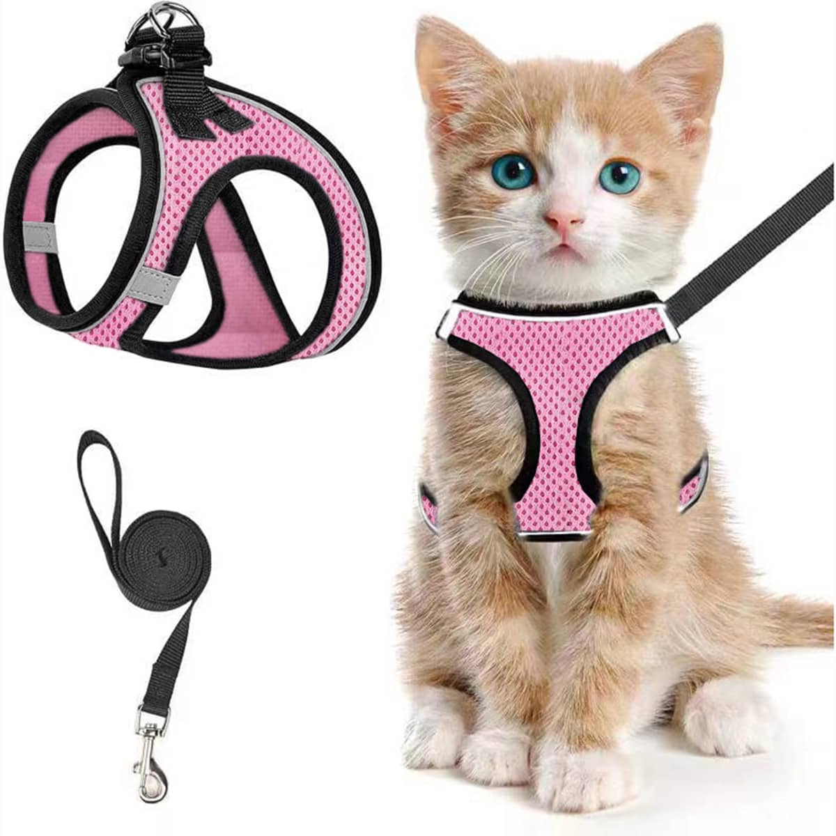 Conjunto De Arnês E Trela Para Gatos Para Caminhada, Ajustável E À Prova De Fuga, Jaqueta Respirável Com Faixa Reflexiva, Controle, Macio, Confortável, Preto