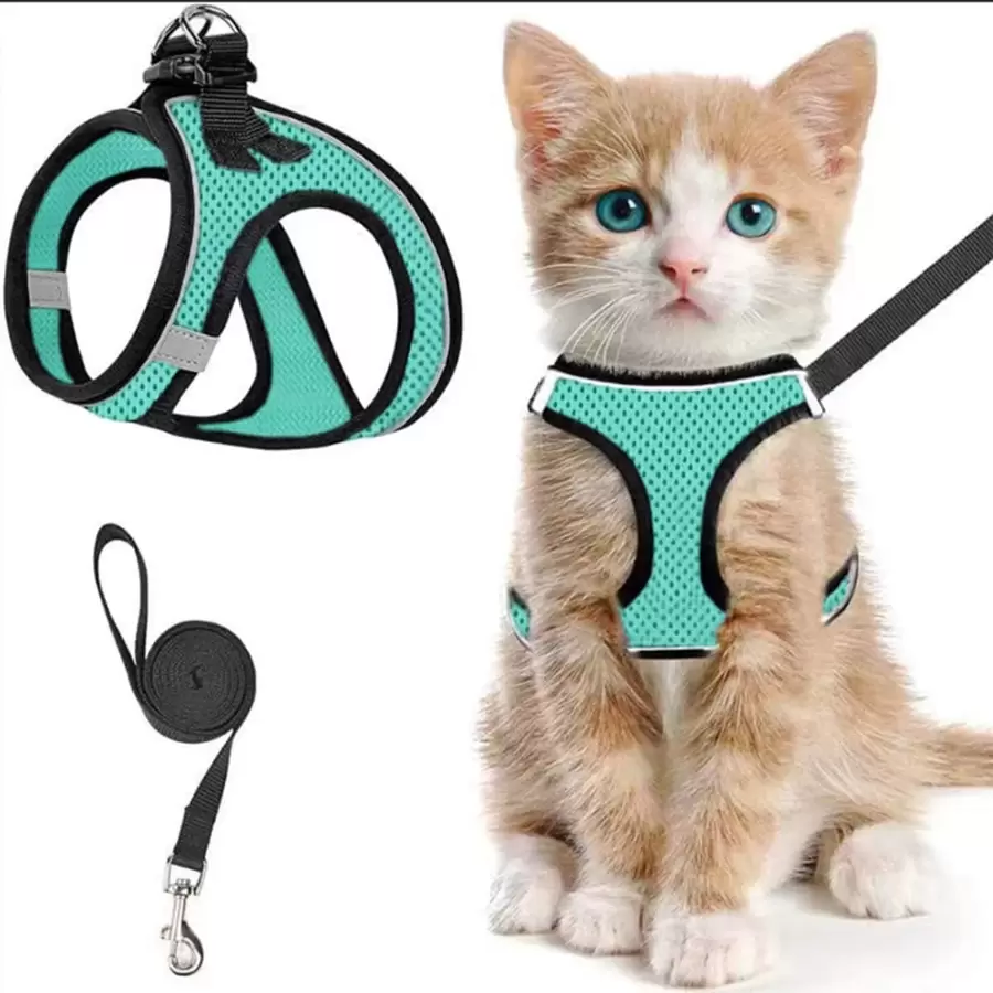 Cat Walking Harness And Leash Set, Escape Proof Soft Adjustable Cat Harness Vest, Control Handle Breathable Reflective Stripe Jacket - Mint Green - View 1