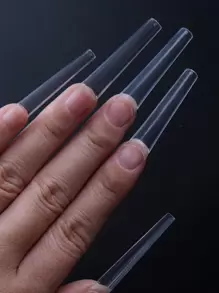 100入組長杏仁形實色全覆蓋假指甲，女性和女孩皆適用，壓貼式指甲，美甲用品 - 無色 - 查看 2