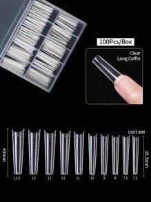 100入組長杏仁形實色全覆蓋假指甲，女性和女孩皆適用，壓貼式指甲，美甲用品 - 無色 - 查看 1