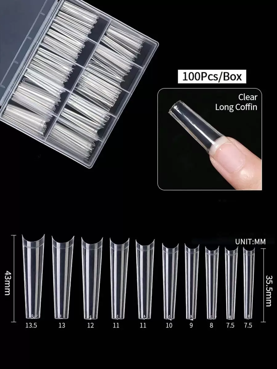 100入組長杏仁形實色全覆蓋假指甲，女性和女孩皆適用，壓貼式指甲，美甲用品 - 無色 - 查看 1