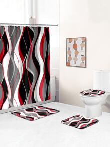 1pc Geometric Art Line Graphic Print Polyester Waterproof Home Decor Shower Curtain Or 1.3cm Thick Soft Memory Foam Anti-slip 4pcs Bath Mat Set For Bathroom - Multicolor - View 1