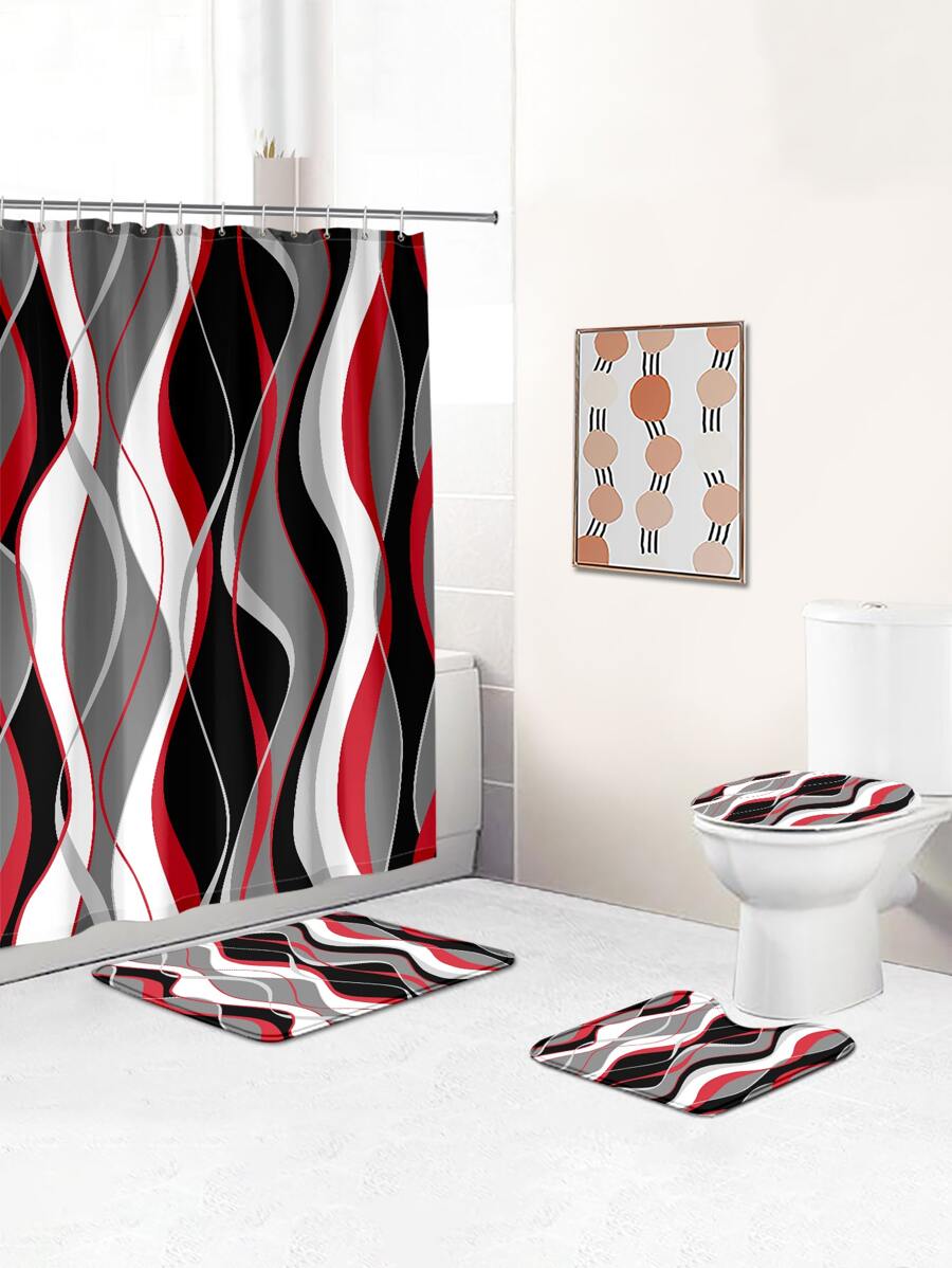 1pc Geometric Art Line Graphic Print Polyester Waterproof Home Decor Shower Curtain Or 1.3cm Thick Soft Memory Foam Anti-slip 4pcs Bath Mat Set For Bathroom - Multicolor - View 1