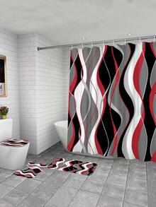 1pc Geometric Art Line Graphic Print Polyester Waterproof Home Decor Shower Curtain Or 1.3cm Thick Soft Memory Foam Anti-slip 4pcs Bath Mat Set For Bathroom - Multicolor - View 6