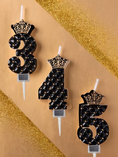 1 vela de aniversário em formato de coroa preta com números e strass (0-9),