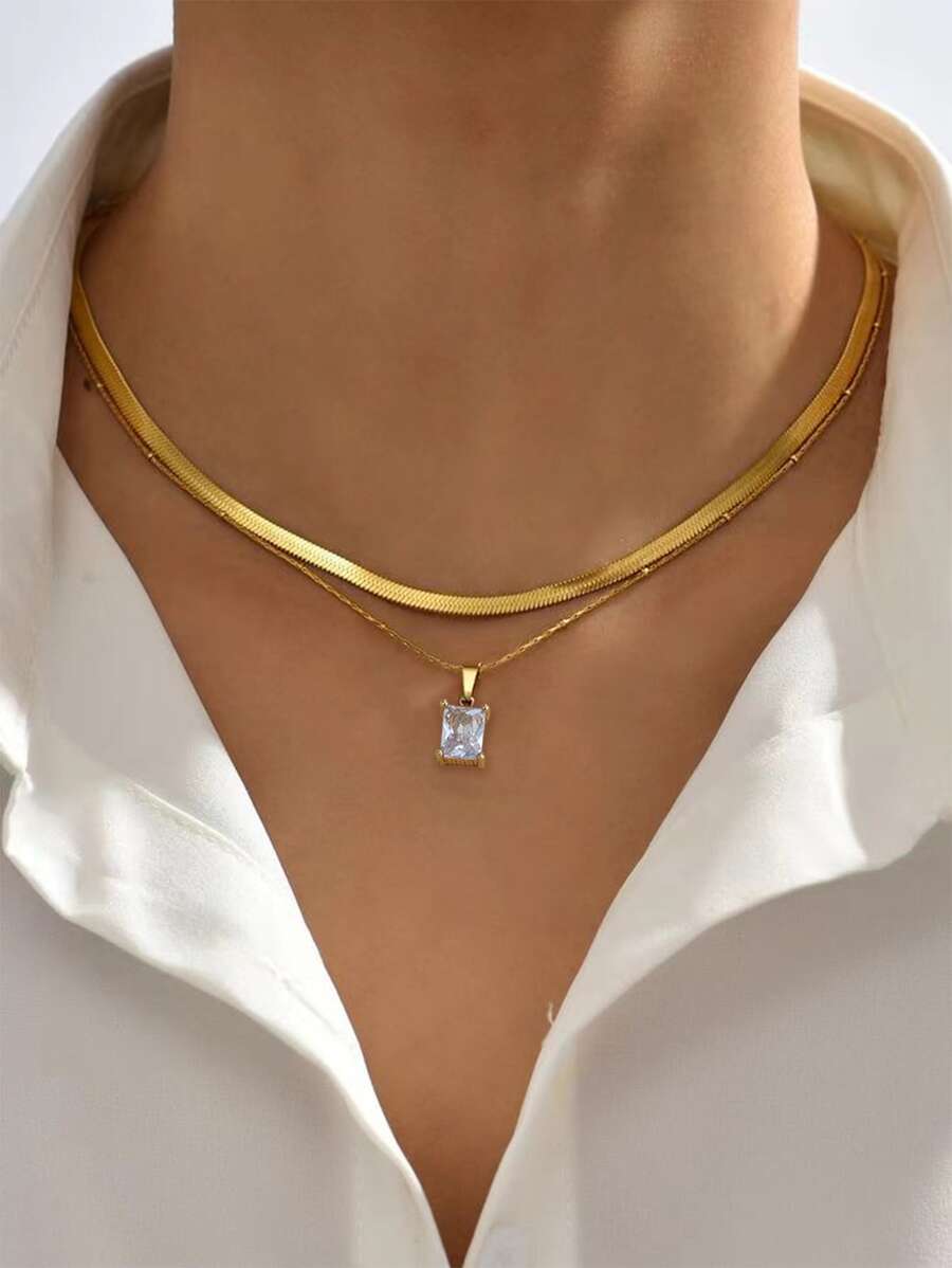 2pcs Women's Fashionable Simple Double-layer Stainless Steel Cable Chain Necklace, Retro Twisted Chain Accessory Suitable For Daily Wear - Yellow Gold - View 1