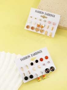 18對組萬聖節卡通骷髏南瓜吊墜耳環套裝,搭配蜘蛛形狀鑲嵌水晶耳釘 - 彩色 - 查看 3