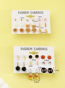 18對組萬聖節卡通骷髏南瓜吊墜耳環套裝,搭配蜘蛛形狀鑲嵌水晶耳釘 - 彩色 - 查看 5