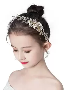 1件甜美優雅水鑽珍珠花朵裝飾髮箍 女孩用 - 金色 - 查看 3
