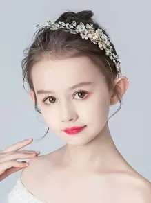 1件甜美優雅水鑽珍珠花朵裝飾髮箍 女孩用 - 金色 - 查看 5