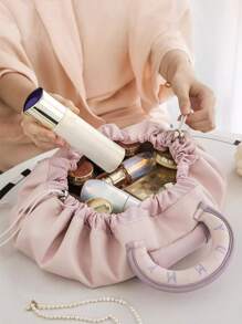 拉繩旅行化妝袋，1個多功能化妝品組織手提袋浴室淋浴錢包袋便攜式化妝刷收納手提包拉鍊關閉口紅，刷子，護膚品，手機，，小物品，適用於家庭，旅行，假期和學校使用儲物化妝組織化妝盒 - 淺粉色 - 查看 2