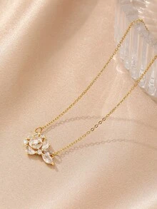 1pc Rose Gold Cubic Zirconia Pendant Necklace, Elegant Minimalist Fashion Unisex Necklace, Casual Daily Wear (OPP Bag Packaging) - Yellow Gold - View 4