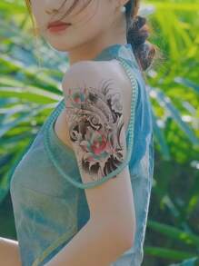 Pegatina Temporal De Tatuaje Para Hombre Con Diseño De Flor De Loto, Arte De Patrón De Pez Koi Y Ola De Mar, Pegatina A Prueba De Agua Y Transferible Para El Brazo