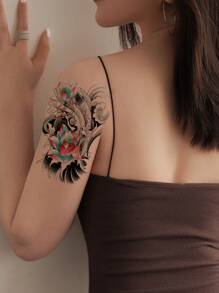 Tatuaje Temporal Para Hombre Con Flores De Loto, Peces Koi Y Olas, Arte De Brazo De Transferencia De Agua A Prueba De Agua - Negro - Ver 5