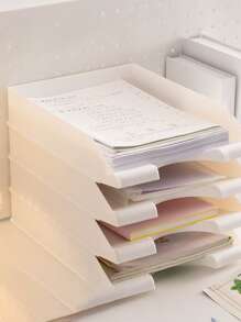 1pc White Desktop Multiple Layers Document Tray For A4 Paper, Student Papers, Files Storage, Office Bookshelf Stand - White - View 1