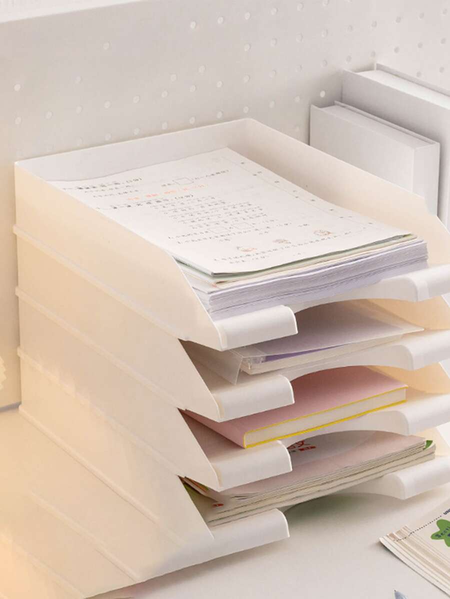 1pc White Desktop Multiple Layers Document Tray For A4 Paper, Student Papers, Files Storage, Office Bookshelf Stand - White - View 1