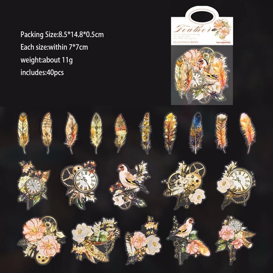 羽毛主題復古藝術風格手帳貼紙,1套/40張