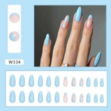 24 Piezas Uñas Postizas En Forma De Almendra Largas Con Corazones Franceses Ondulados De Color Azul, Uñas Postizas De Prensa Y Removibles De Bricolaje Con Puntas Desmontables Para Hacer La Manicura - Azul - Ver 2