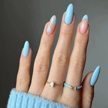 24 Piezas Uñas Postizas En Forma De Almendra Largas Con Corazones Franceses Ondulados De Color Azul, Uñas Postizas De Prensa Y Removibles De Bricolaje Con Puntas Desmontables Para Hacer La Manicura - Azul - Ver 1