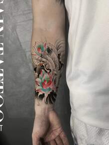 Pegatina Temporal De Tatuaje Para Hombre Con Diseño De Flor De Loto, Arte De Patrón De Pez Koi Y Ola De Mar, Pegatina A Prueba De Agua Y Transferible Para El Brazo