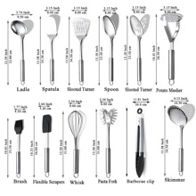 Cooking Utensil Set 12 Piece Stainless Steel Kitchen Tool Set, Include Cooking Spoon, Spatula, Whisk, Cooking Tong And Etc 12 Pieces,Includes 1 Spoon, 1 Skimmer, 1 Slotted Turner, 1 Pasta Spatula, 1 Cooking Spoon, 1 Potato Masher, 1 Whisk, 1 Slotted Spoon, 1 Cooking Spoon, 1 Flat Turner, 1 Soft Spatula, 1 Pouring Brush.Mirror-Polished Finish, Easy-To-Clean Handles, Dishwasher Safe, The Exquisite Workmanship Can Also Be A Perfect Gift. - 銀色 - 查看 4