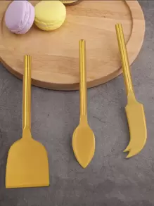 Stainless Steel Gold 3pcs Cheese Butter Knife Set With Fork, Ideal For Butter, Cheese, Desserts, Cakes - Gold - View 1
