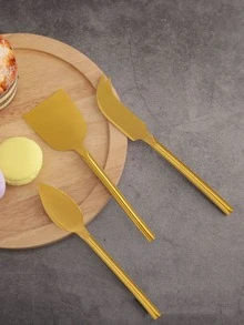 Stainless Steel Gold 3pcs Cheese Butter Knife Set With Fork, Ideal For Butter, Cheese, Desserts, Cakes - Gold - View 2