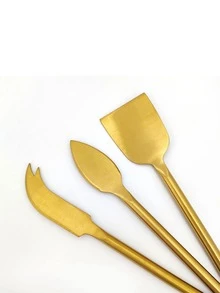 Stainless Steel Gold 3pcs Cheese Butter Knife Set With Fork, Ideal For Butter, Cheese, Desserts, Cakes - Gold - View 6