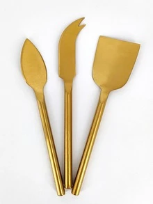 Stainless Steel Gold 3pcs Cheese Butter Knife Set With Fork, Ideal For Butter, Cheese, Desserts, Cakes - Gold - View 7