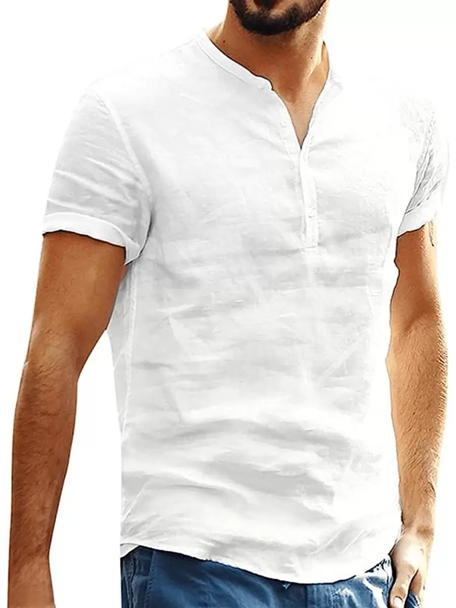 Men's Cotton And Linen Collar Shirt Casual Short Sleeve Slim - 白色 - 查看 1