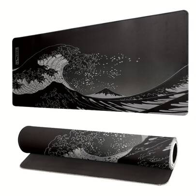 1pc Japanese Sea Wave Mouse Pad Black Desk Mat Large E-Sport Desk Pad Non-Slip Rubber Base Stitched Edges Desk Mat For Office Home Gift For Men Women Back To School Desk Accessories Office Supplies Office Desk Accessories Mousepad Mouse Pad For Desk