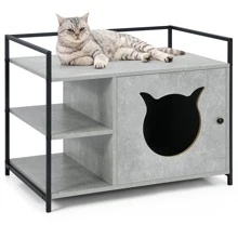 Costway Cat Litter Box  Enclosure Hidden Litter Furniture Cabinet W/ 2-Tier Storage Shelf - 灰色 - 查看 2