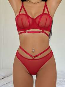 Red Sexy Thin Lingerie Set With G-string - Red - View 6