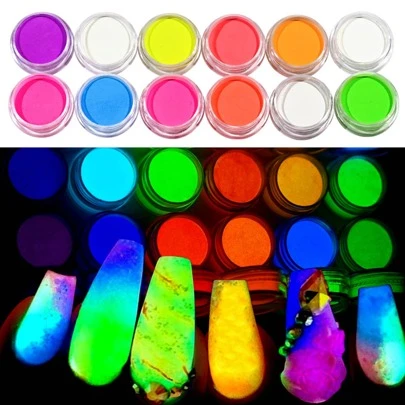 Pigmento fosforescente que dura talla grande tiempo, set de 12 colores. Polvo fluorescente luminoso acrílico para arte de uñas, decoración de uñas DIY, manicura