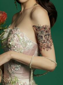 1pc Temporary Tattoo Sticker Tiger Pattern Gender-Neutral Body Art Pink Series Butterfly Lily Water Transfer Waterproof Sticker For Girls - Black - View 5