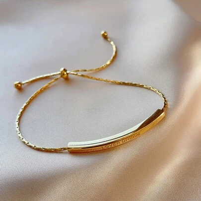 Gold Plated Stainless Steel Curved Tube Charm Bracelet With Pull Cord, Adjustable For Daily Wear