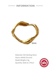 1入組925純銀簡約優雅全配自然曲線女戒指，波浪設計，18K黃金色/純銀色，女性開口戒指 - 金黃色 - 查看 3