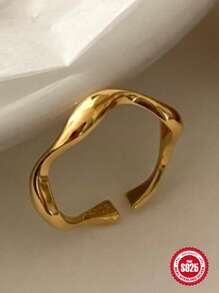 1入組925純銀簡約優雅全配自然曲線女戒指，波浪設計，18K黃金色/純銀色，女性開口戒指 - 金黃色 - 查看 5