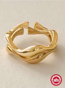 1入組925純銀簡約優雅全配自然曲線女戒指，波浪設計，18K黃金色/純銀色，女性開口戒指 - 金黃色 - 查看 4