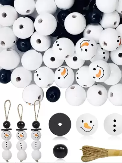 50pcs Christmas Snowman Wooden Beads - Unfinished Winter White Round Wood Beads For DIY Crafting, Holiday Party Home Decor,Christmas