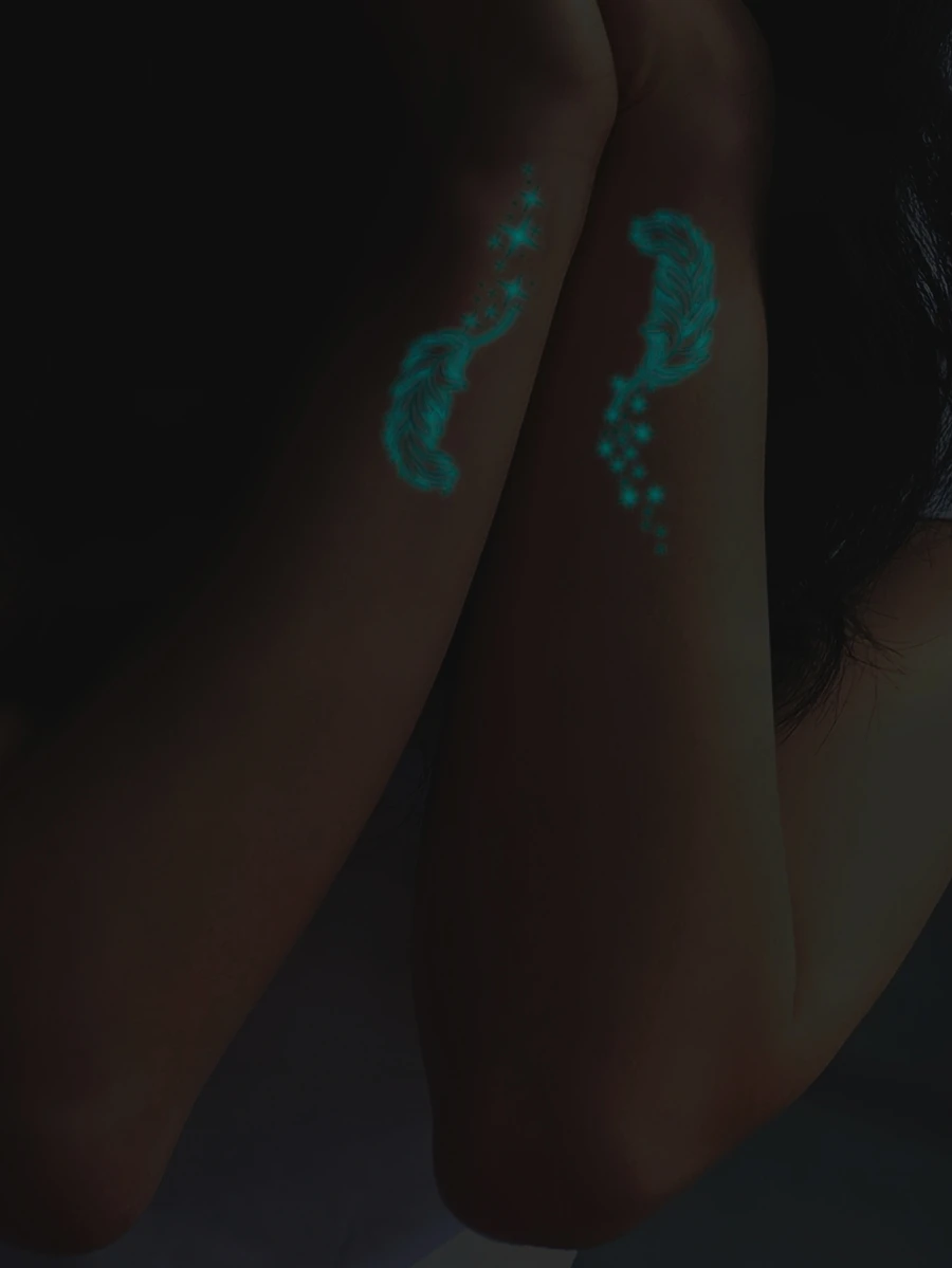 1入組藍色的發光發亮紋身貼紙帶羽毛圖案&星空圖案適用於手腕和身體 - 藍色 - 查看 1