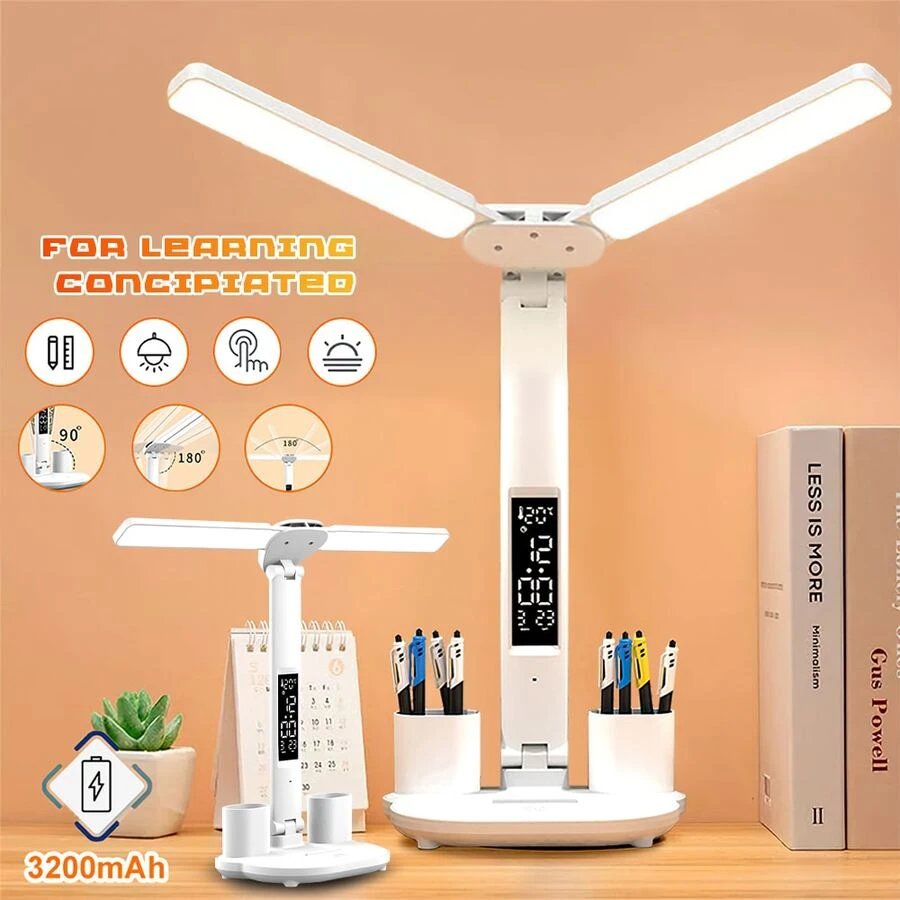 Double Head LED Desk Lamp, Foldable Table Lamp With Smart LED Display, Touch Lamp With Color Modes And Stepless Dimming, Study Lamp Desk Lamps With Pen Holder For Home Office - Desk Lamp without Fan - View 1