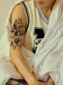 1件防水臨時刺青貼紙鳥玫瑰腰部性感假刺青男女身體藝術水轉印刺青貼紙 - 黑色 - 查看 5