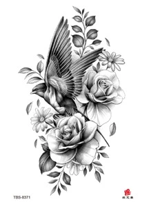 1件防水臨時刺青貼紙鳥玫瑰腰部性感假刺青男女身體藝術水轉印刺青貼紙 - 黑色 - 查看 4