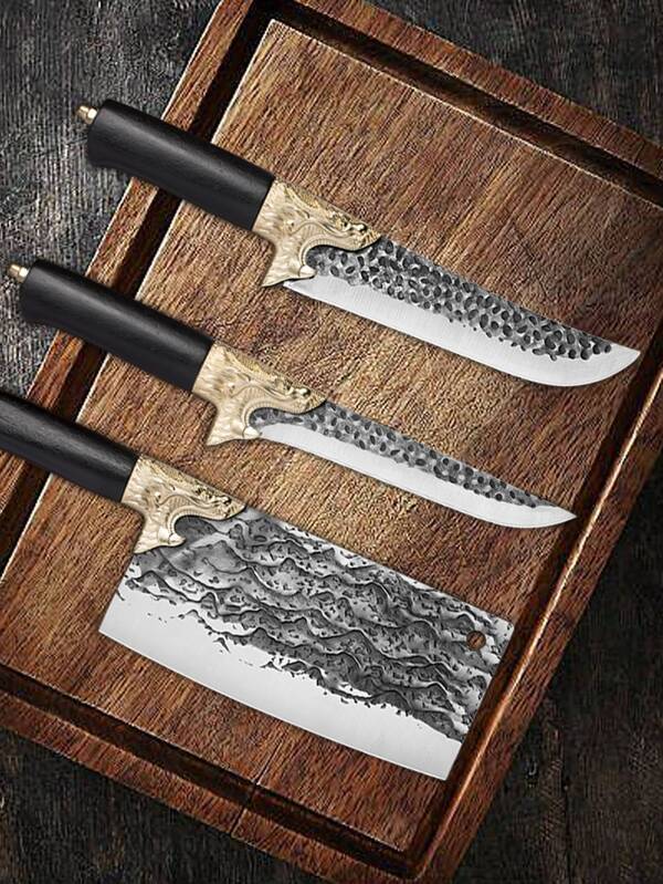 3 cutting knives, essential for kitchens, 3 easy to use, 50Cr13 steel solid wood handles, sharp for vegetable, meat, and bone cutting, very durable 3 knives